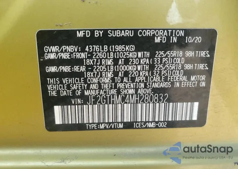 2021 Subaru Crosstrek Limited z USA, uszkodzony, nr VIN JF2GTHMC4MH280832